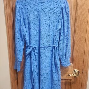 Blue Lace Long Sleeve Belted Dress